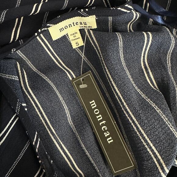 Monteau Mini Dress Womens S Dark Blue White Striped A-Line Flutter Sleeve Lined - Picture 5 of 6